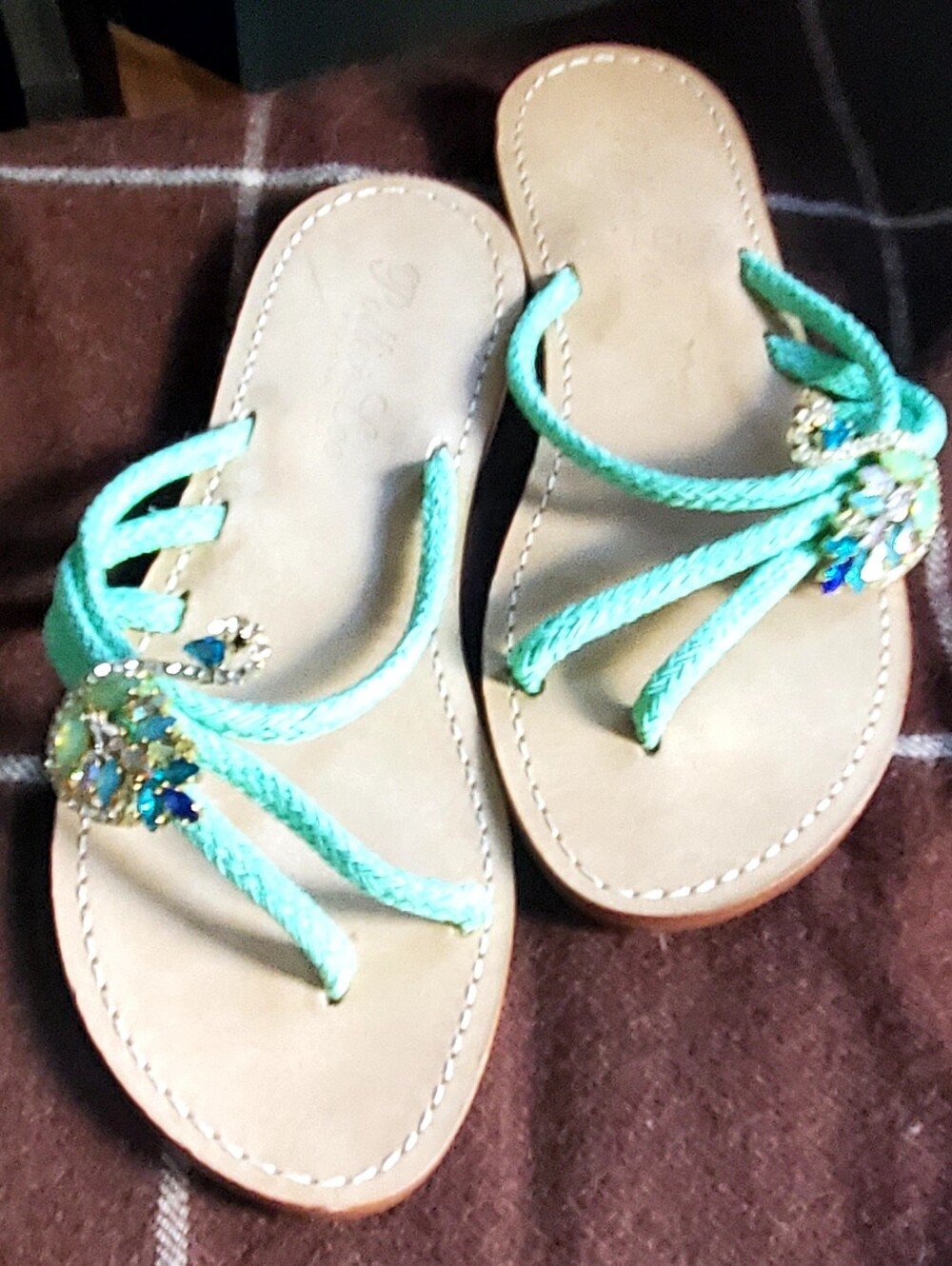 Lee Mint Braided Jeweled Slide Sandals with Tan Footbed